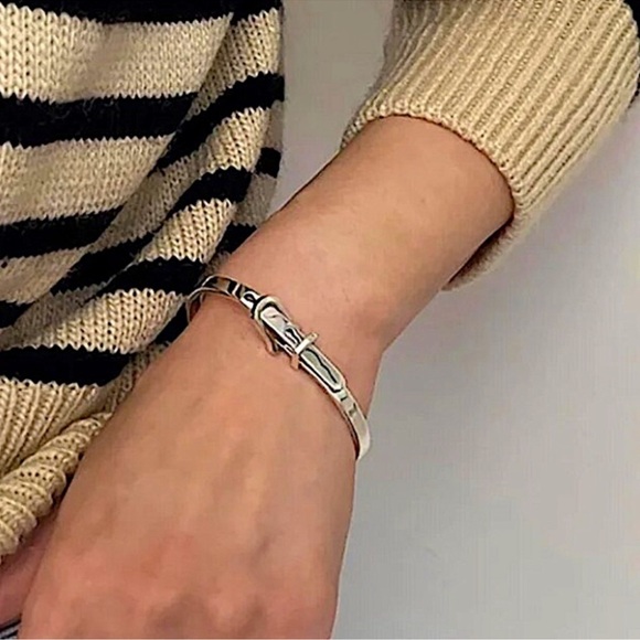 Sterling Silver Buckle Bracelet Bangle Adjustable Unisex Belt Geometric - Picture 5 of 6
